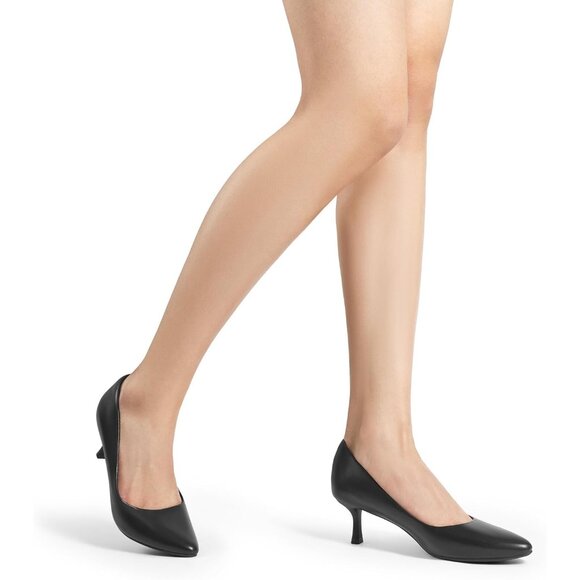 Women's Black Leather Pumps Pointed Toe Kitten Heels Party Wedding Dress Shoes - Picture 6 of 7